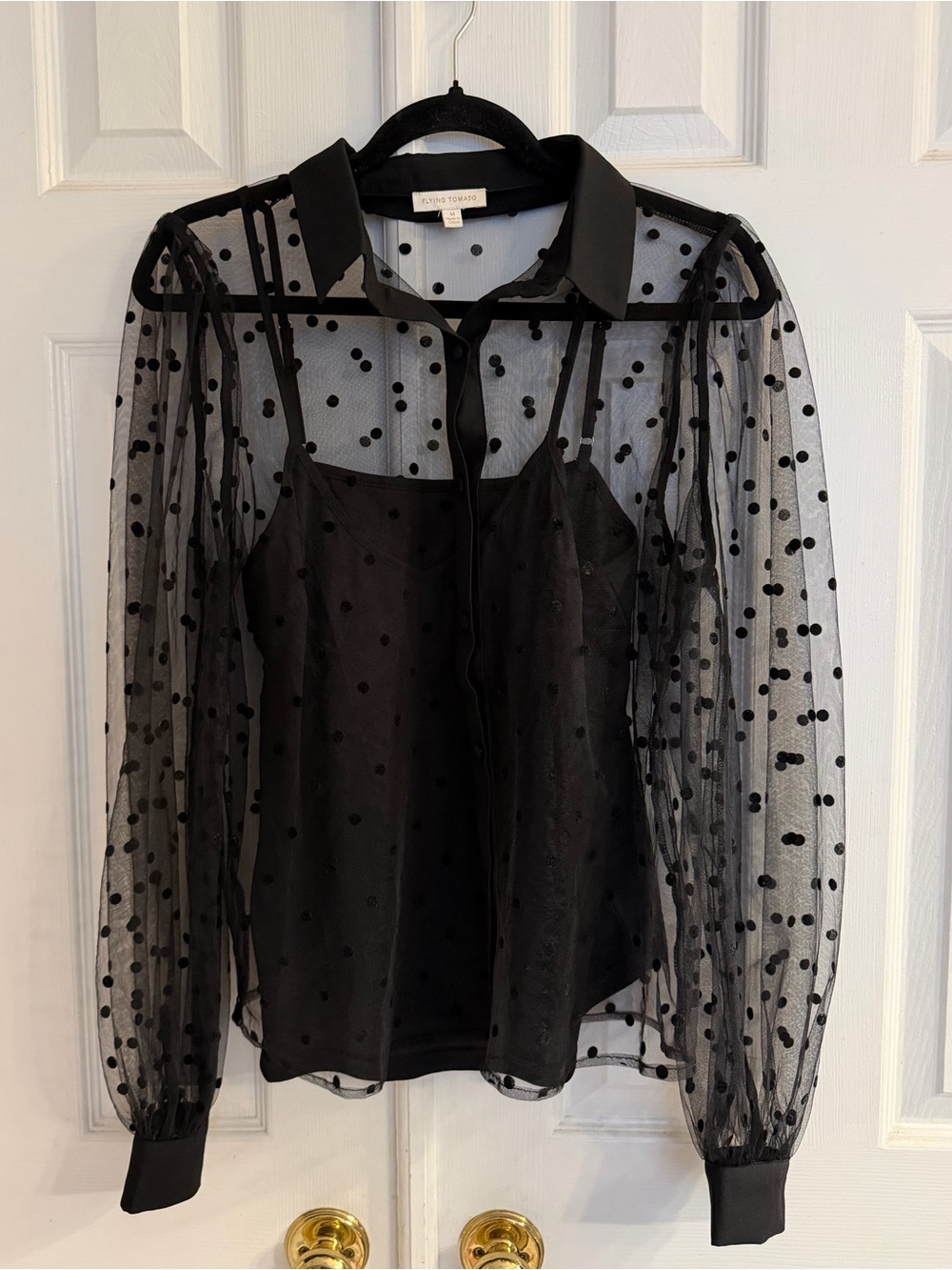 Women’s sheer black Swiss dot button up blouse Flying Tomato M